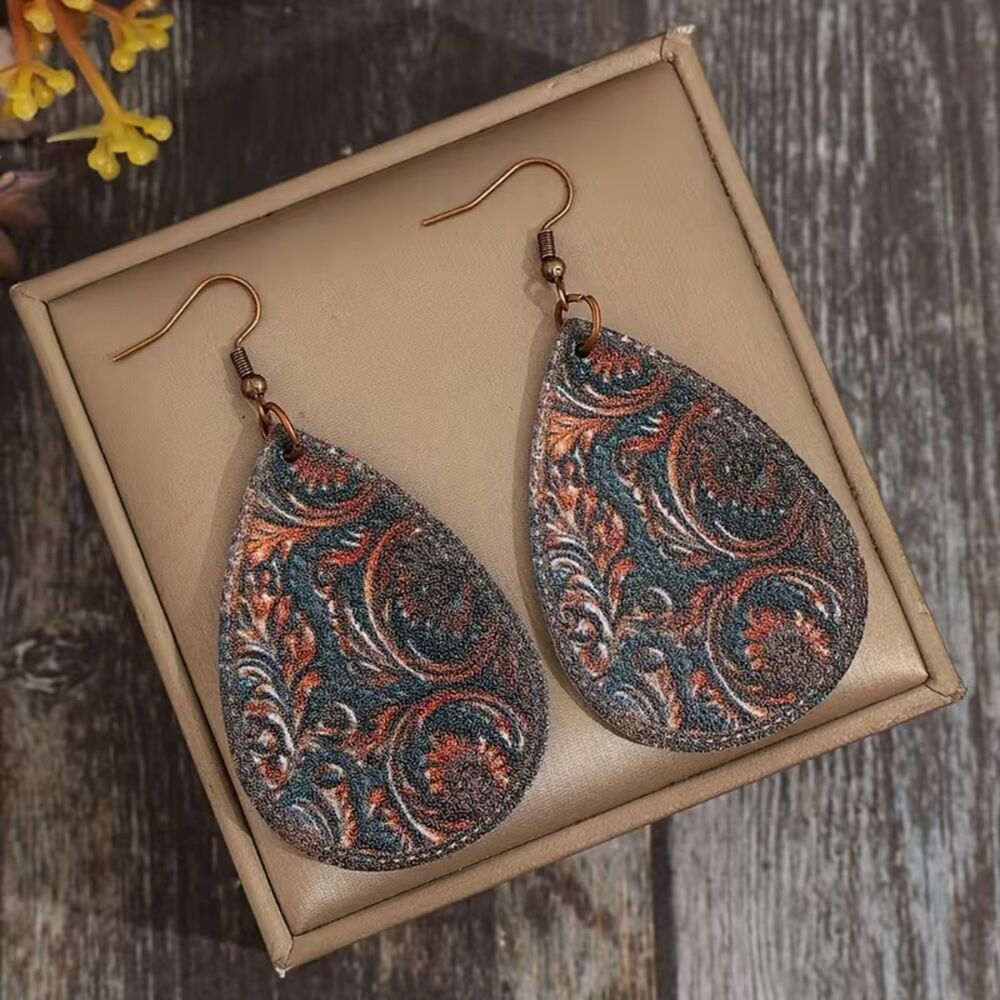 Teardrop Leather Embossed Print Dangle Earrings Drop Pendant Boho Lghtweight